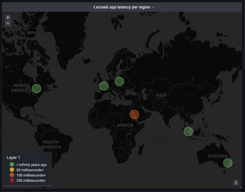 Grafana geomap panel showing worldwide Prometheus blackbox exporter probe locations